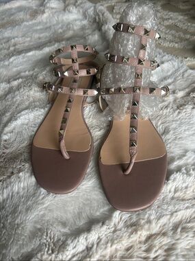 Kaitlyn Blush Pink Pyramid-Stud Strappy Flat Sandals